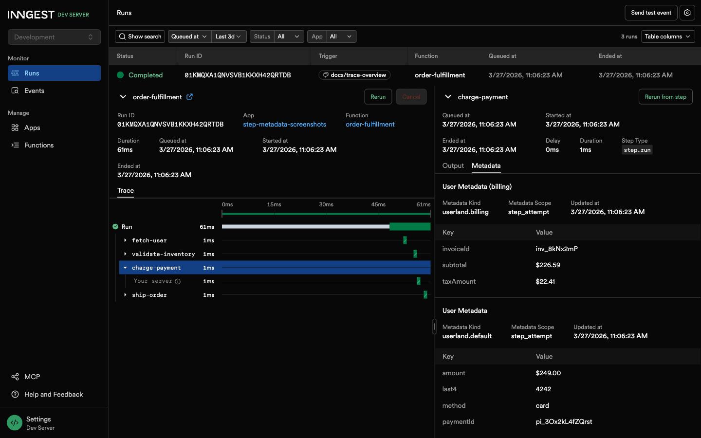 Trace view showing metadata in the detail panel