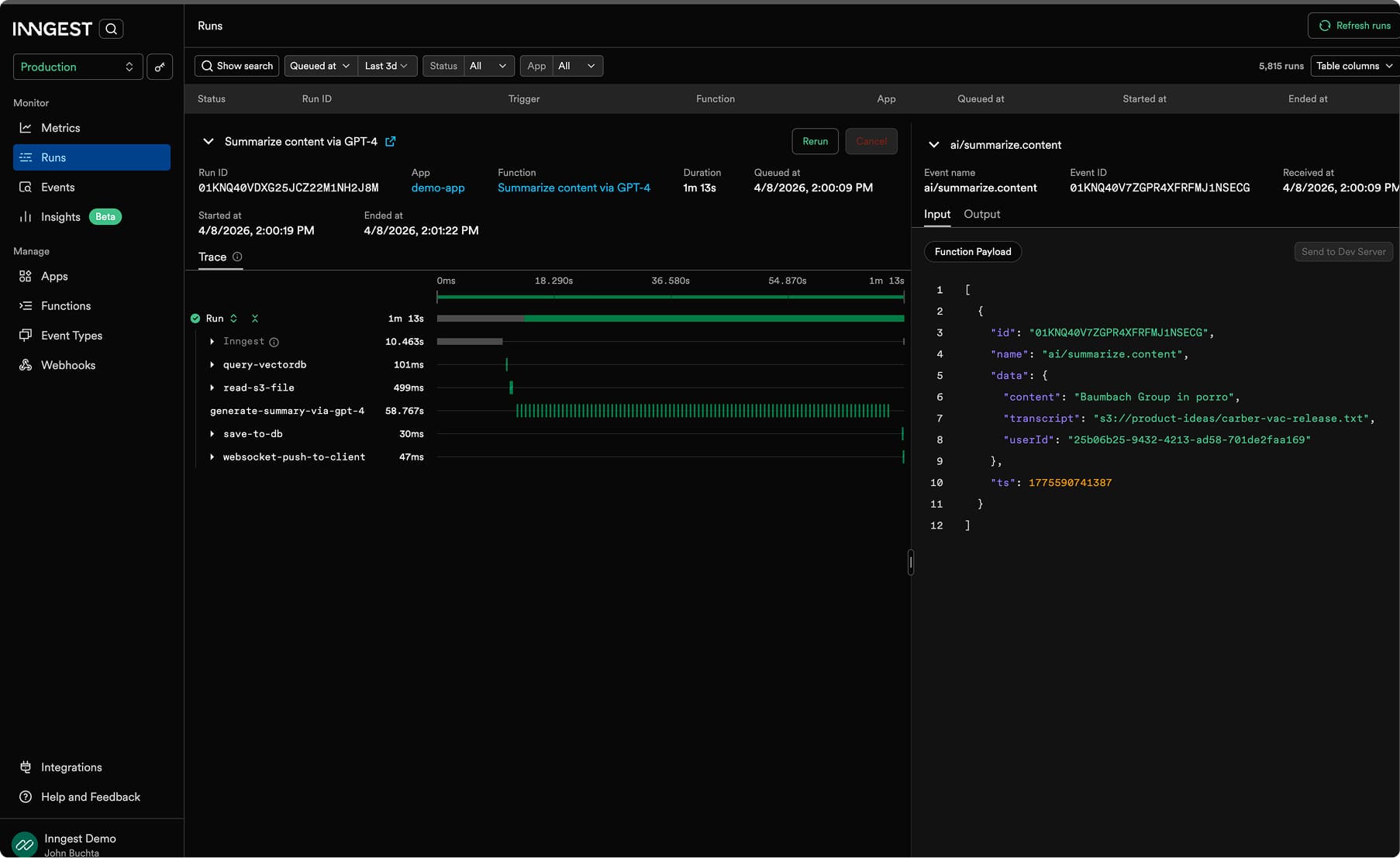 Inngest dashboard showing a durable function run with its per-step trace waterfall