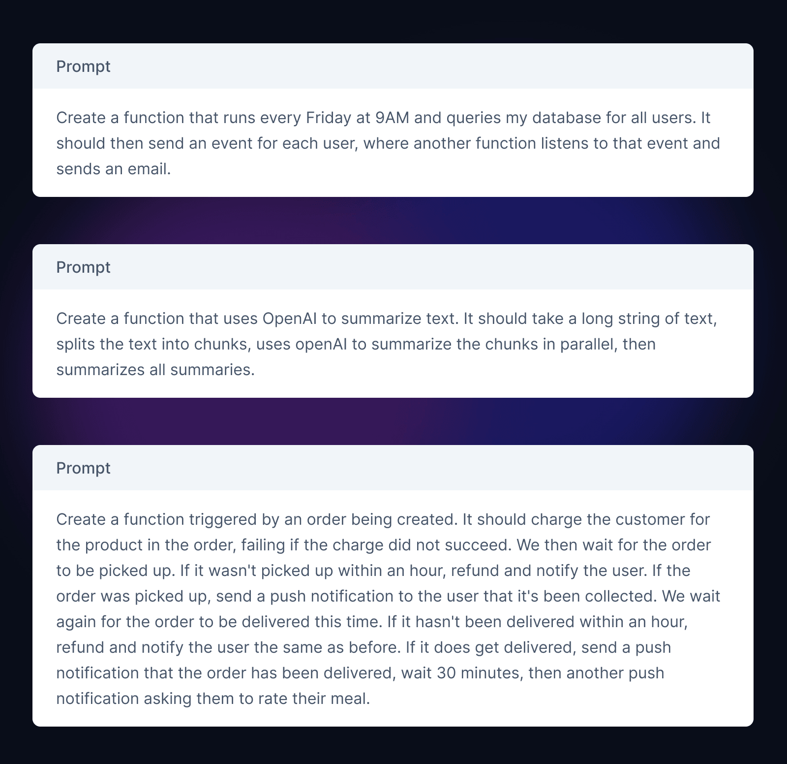 Examples of prompts given to the bot to generate code