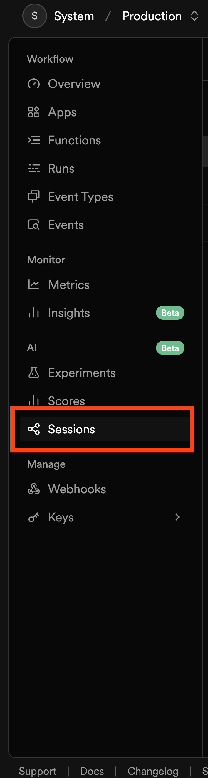 The Sessions entry in the Inngest dashboard sidebar
